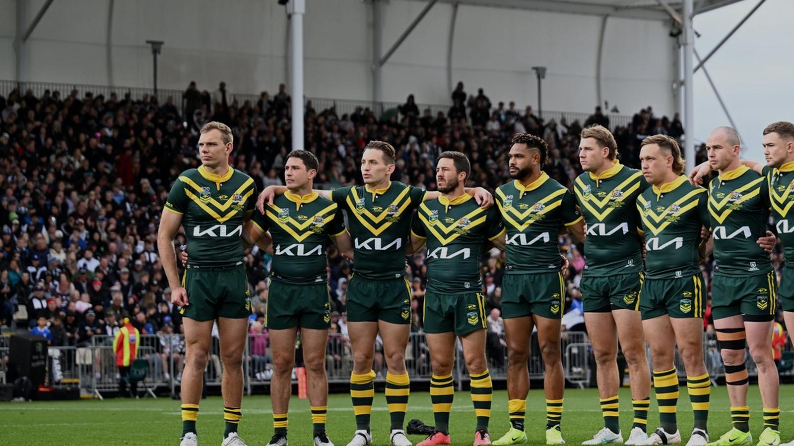 The Kangaroos lined up arm in arm before a Pacific Championships match.
